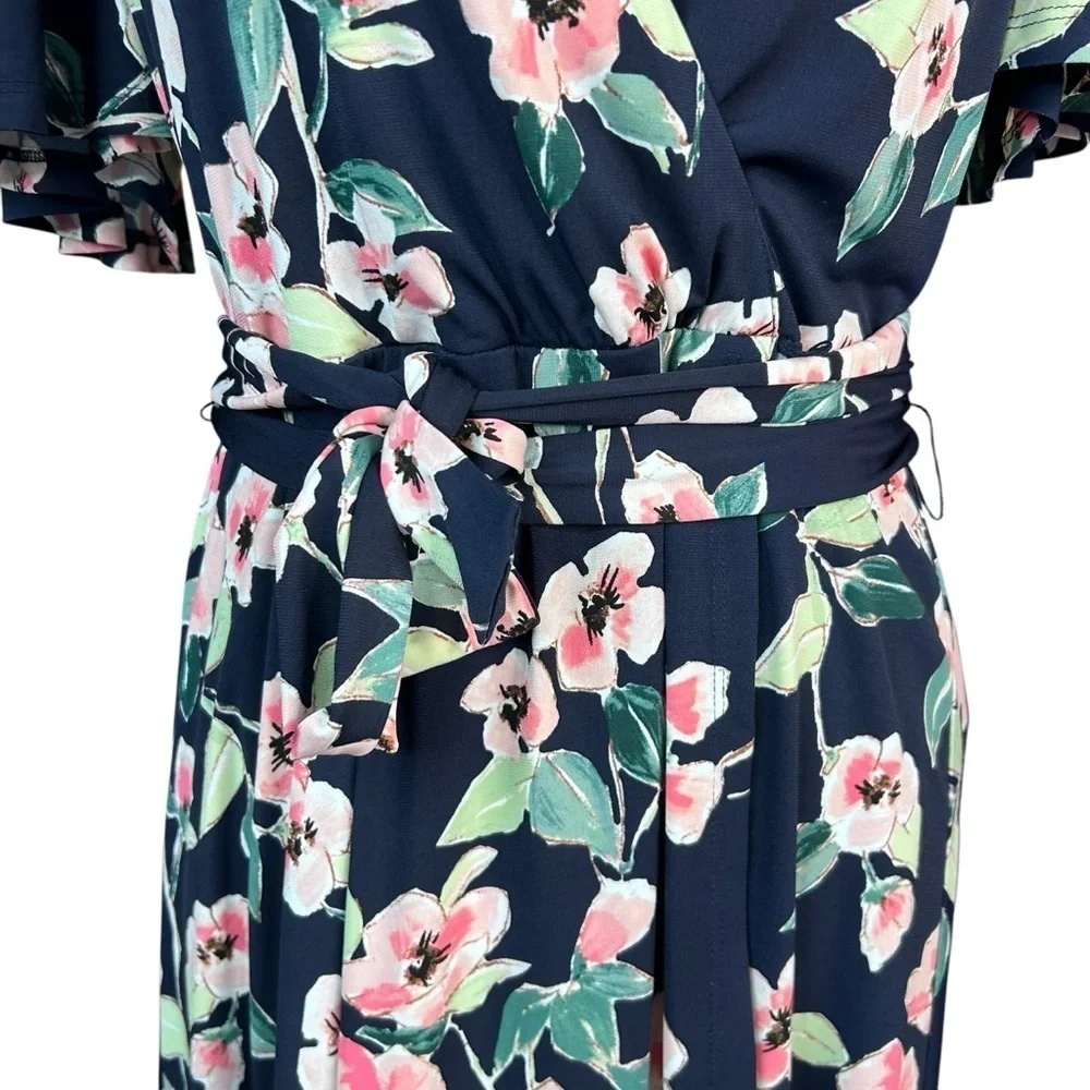 NEW ELIZA J Ditsy Floral Faux Wrap Dress Jersey Knit 12 Surplice Neck Belted